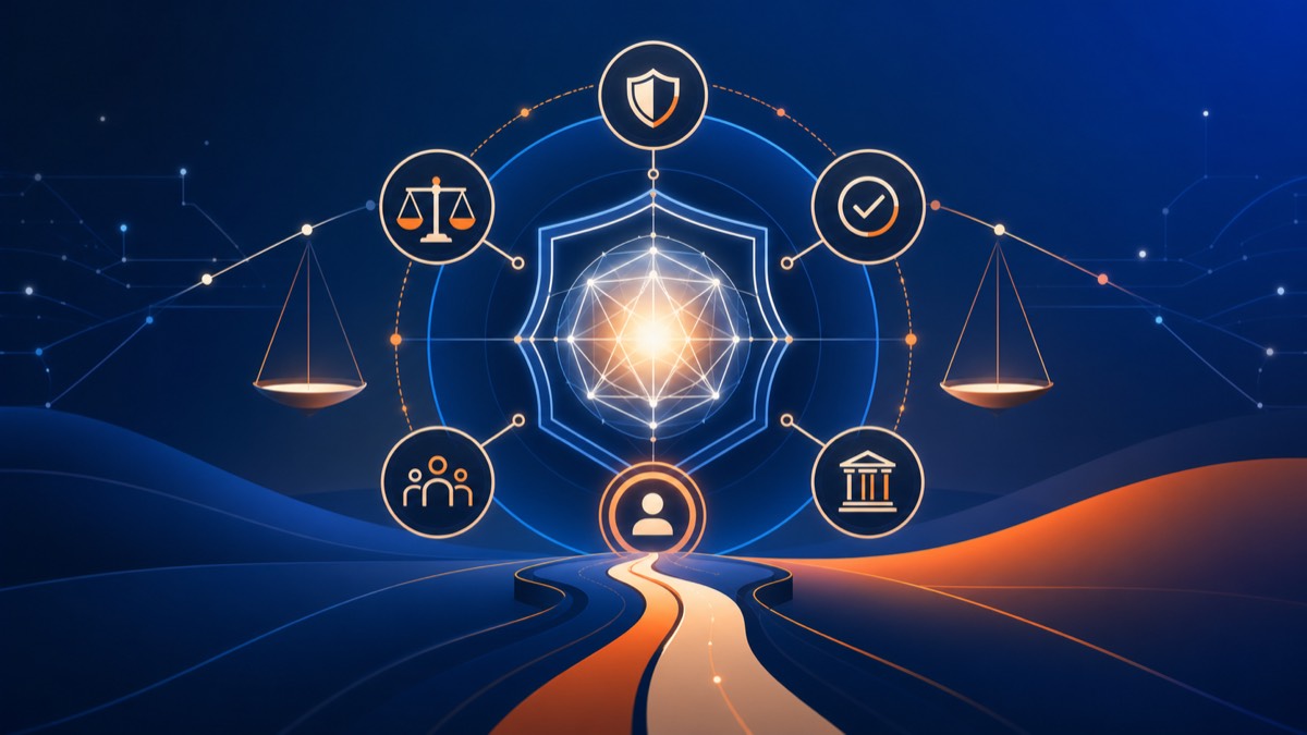 Abstract AI governance network with guardrails, oversight, accountability, and responsible adoption pathways