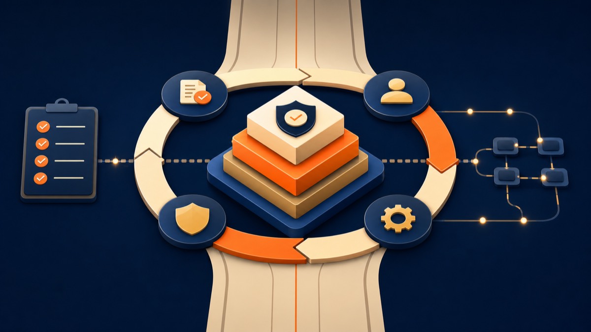 Abstract governance cycle with compliance controls, ownership, evidence, and operational checkpoints
