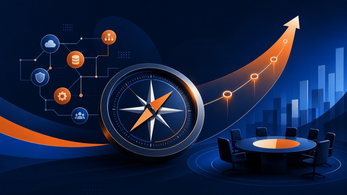 Abstract executive technology roadmap with connected systems, compass, and decision milestones