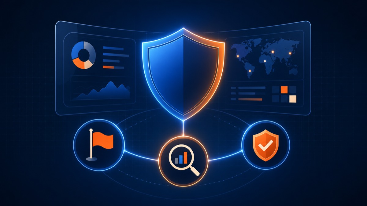 Abstract cybersecurity shield with executive dashboard and connected security-readiness indicators